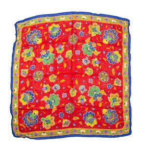 Vintage Floral Pattern Silk Scarf With Red & Blue Borders